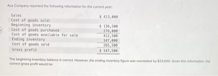 Ace company reported the following information for the current year